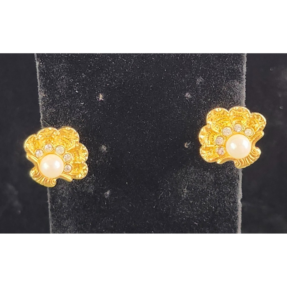 Vintage Clear‎ AB Rhinestones Faux Pearl Seashell Design Gold Tone Clip Earrings